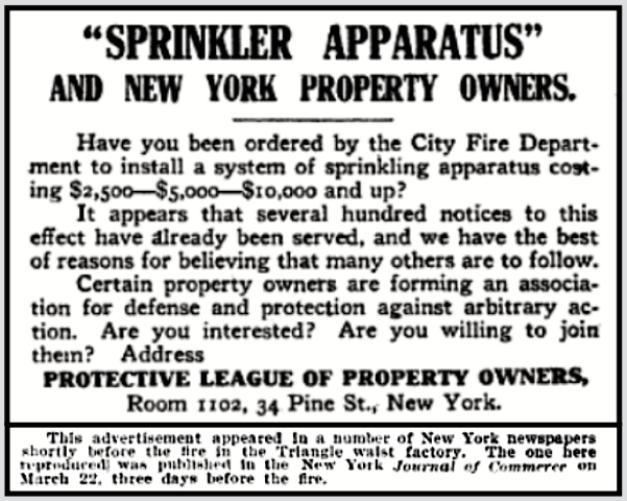 Triangle Fire, Ad March 22, Property Owners Fight Sprinklers, Survey p84, Apr 8, 1911