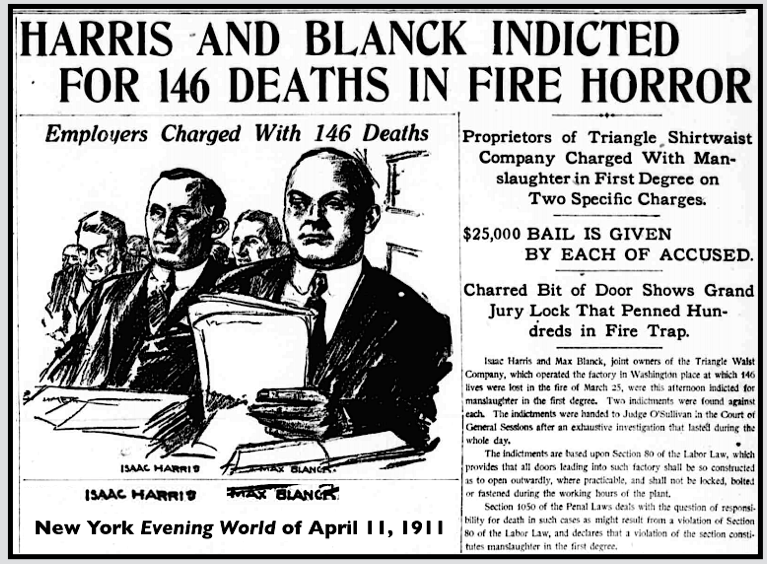 Triangle Fire, Blanck n Harris Indicted, NY Ev World p1, Apr 11, 1911
