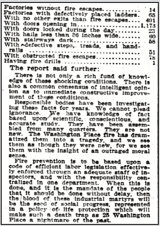 Triangle Fire, Moscowitz Report, Jt Brd of Sanitary Control Suit and Cloak Trade, NYT p3, Apr 3, 1911