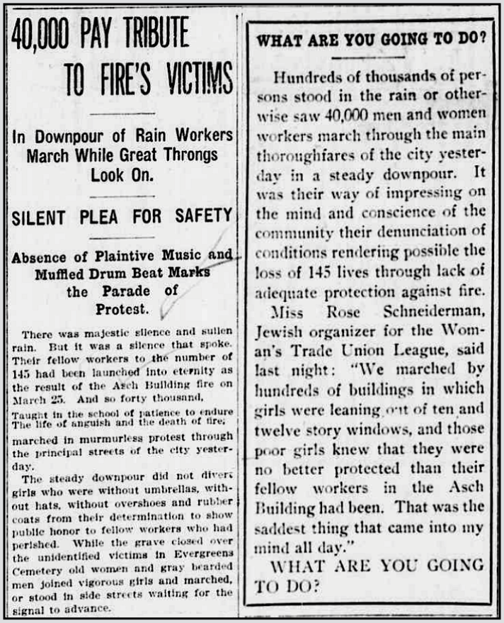 Triangle Fire, Workers March in Downpour in Tribute to Victims, Rose S Plea for Safety, NY Tb p1, Apr 6, 1911
