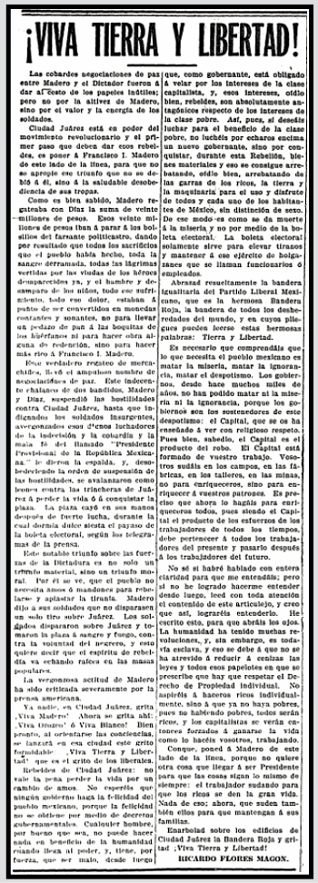Mex Rev, Viva Tierra y Libertad by R Magon, Regen p2, May 13, 1911