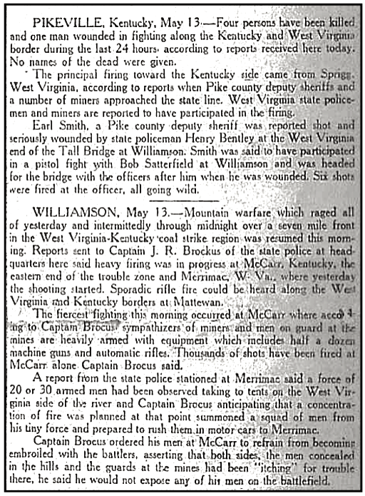 Three Day Battle of the Tug Mingo KY n WV, WVgn p1, May 13, 1921