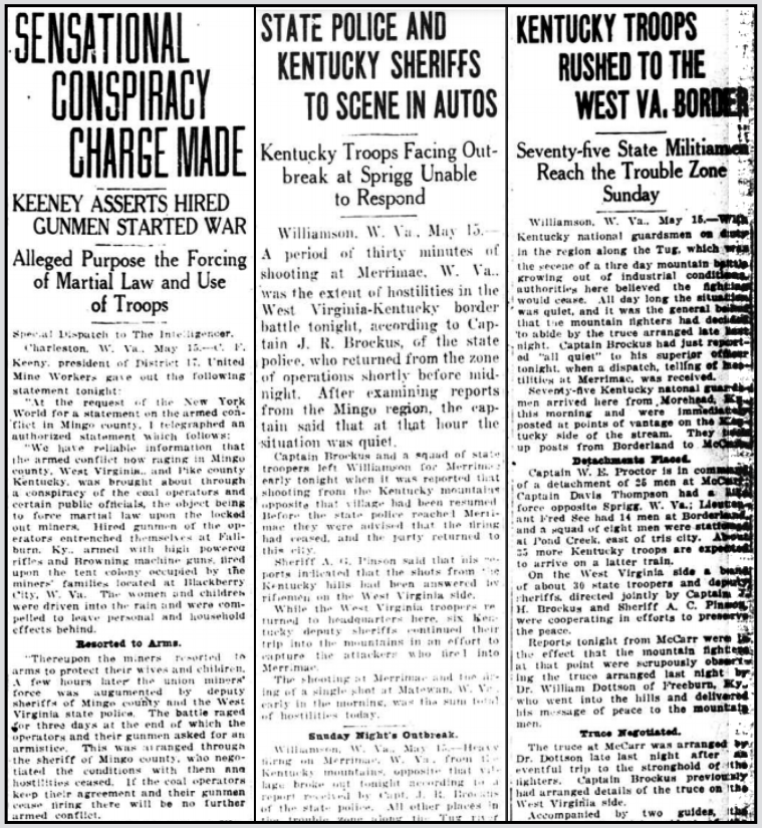 WV Mingo Three Day Battle on Tug, Keeney, State Police, KY Troops, , Wlg Int p1, May 16, 1921