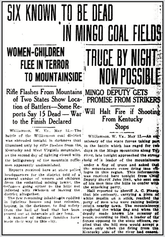 WV Mingo Three Day Battle on Tug, Six Dead, Wlg Int p1, May 14, 1921