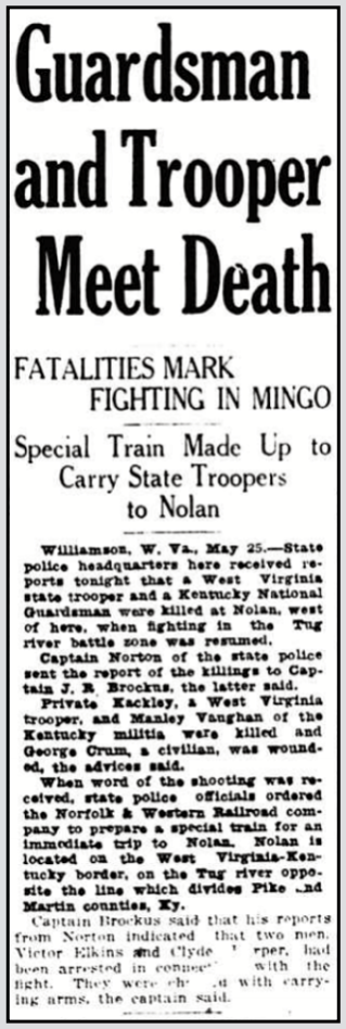 Nolan WV Battle, Guardsman n Trooper Killed, Wlg Int p1, May 26, 1921