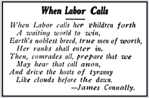 Song When Labor Calls by James Connolly, Cmg Ntn p16, June 17, 1911