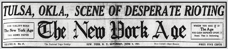 Tulsa Massacre BNR HdLn, NY Age p1, June 4, 1921