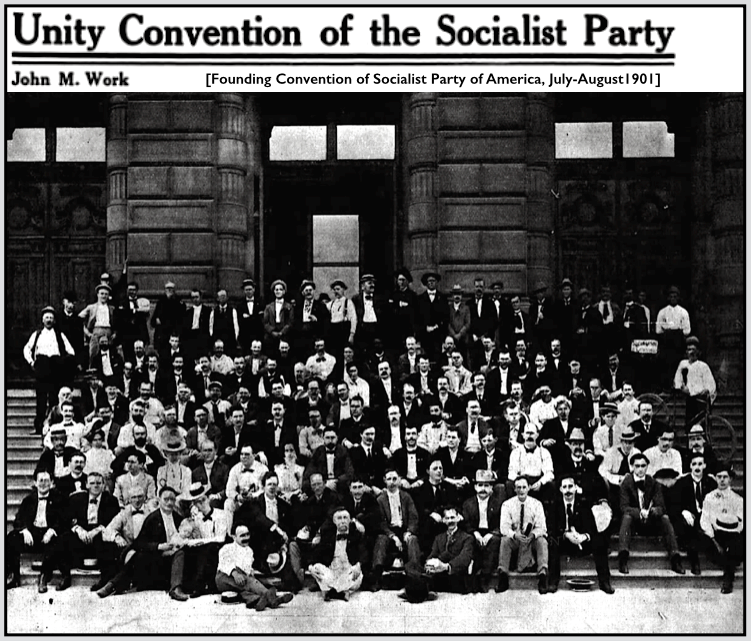 From The Progressive Woman of July 1911:The above picture includes most of the delegates to the Unity Convention of 1901 the convention where the Socialist party came into existence. It was held at Indianapolis, Indiana, beginning July 29. The picture was taken on the east front of the state capitol. A number of the faces will be familiar to many readers.There were about one hundred and twenty-five delegates present, among whom were the following women: Corinne S. Brown, Martha A. Biegler, Margaret Haile, Elizabeth H. Thomas, Sula Lowrie, Mrs. Max S. Hayes, Martha H. McHugh and Carrie Rand Herron.The Unity Convention was called for the purpose of attempting to unite the various Socialist parties of the country. The largest of these were the Social Democratic Party and the Springfield wing of the Socialist Labor Party. The other wing of the Socialist Labor Party did not take part in the convention. State parties in Iowa, Kentucky and Texas, not affiliated with any national organization, were represented.The various factions that united in calling the convention had patched up their differences sufficiently to support the same ticket the year before. Animosities were very bitter, however. Had it not been for the withdrawal of various local and state organizations from the national organizations, thus decreasing their membership, it is hardly probable that the two national organizations could have been persuaded to consent to try to form an organic union.The main actions of the convention were the adoption of a national constitution, a national platform, a resolution on Socialism and trade unionism, a resolution on injunctions, and a resolution on the negro question.The platform came in for a hot discussion, especially the immediate measures. As adopted, it contained, among others, a provision for "equal civil and political rights for women."The resolutions were also warmly discussed. In fact, everything was warmly discussed. Socialists are always very earnest in their debates, and the bitter feelings which the delegates brought along made them especially earnest at that convention.But the great debate came on the constitution. Hot does not begin to express it. It was scalding, vitriolic. All the rancor in the hearts of the delegates was poured out in blistering words. At times it seemed to the most optimistic that unity was hopeless, and that we must disperse and go back to our several locals with the doleful confession that we had failed in our mission. But, out of it all came agreement-agreement on the famous Section Four of Article Twelve. Get out your national constitution and read it. It is historic. It is the state autonomy provision. Around it raged the battle as to whether we could organically unite. Its adoption made unity possible.Then came better feelings and a great relief. We went home with joy in our hearts, because we bore the glad tidings of a solidified Socialist Party-united-facing the enemy.---------------[Emphasis added.]