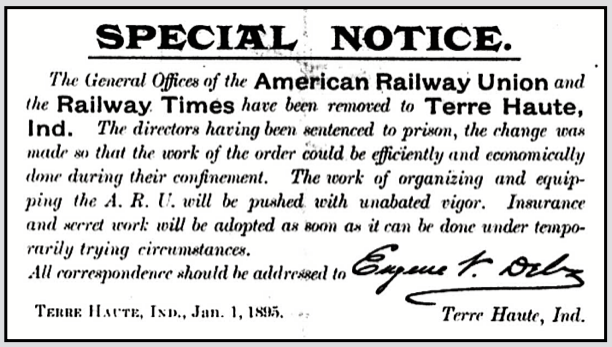 EVD Notice ARU Offices to Terre Haute, Officers Sentenced, Rw Tx, Jan 1, 1895