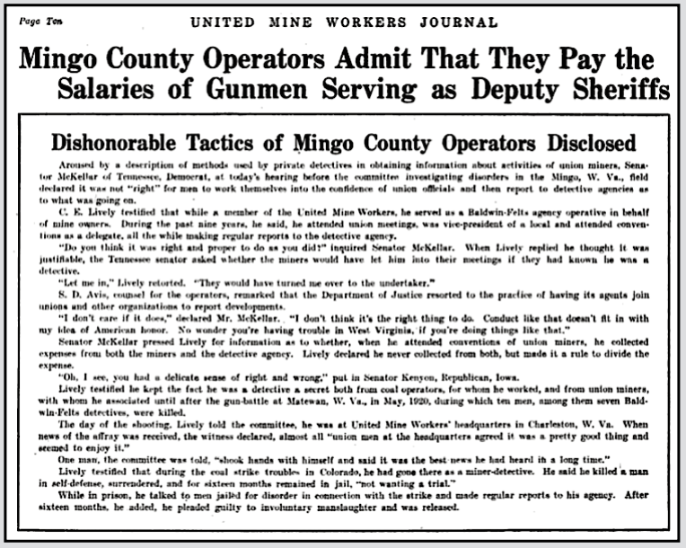 Mingo Co WV, Ops Pay Gunthug Deps, UMWJ p10, Aug 1, 1921