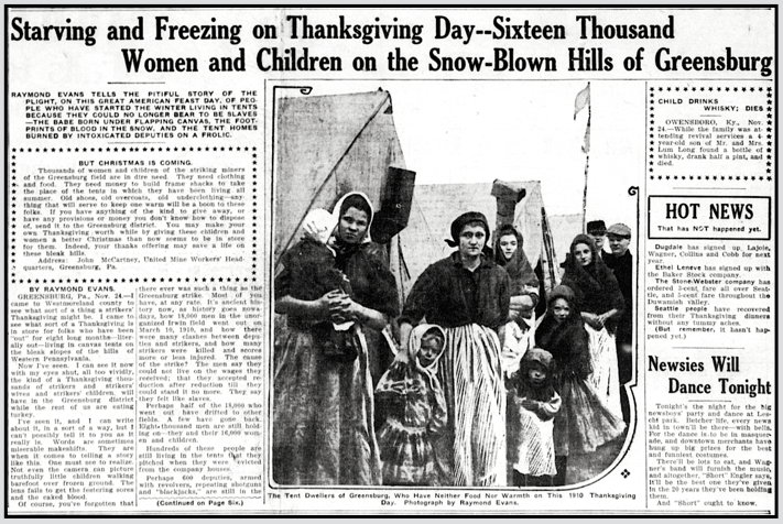 PA Miners Strike, Tent Colony Greensburg, Article by R Evans, Stt Str p1, Nov 24, 1910