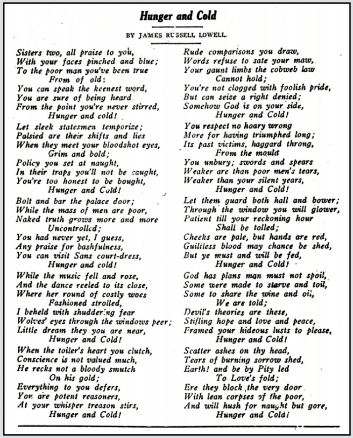 POEM, Hunger and Cold by James Russell Lowell, Cmg Ntn p16, July 22, 1911