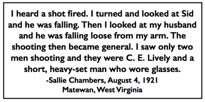 Quote Sallie Chambers re Murder of Sid Hatfield n Ed, Blt Sun p2, Aug 5, 1921