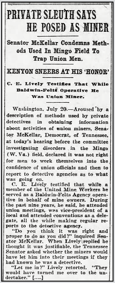 WVCF Sen Com, Testimony C. E. Lively, Blt Sun p3, July 21, 1921