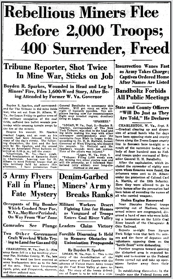 Battle of Blair Mountain, 400 Miners Surrender, Boyden Sparkes Article, NY Tb p1, Sept 4, 1921