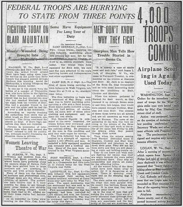 Battle of Blair Mountain, Fighting Today, Troops Coming, WVgn p1, Sept 2, 1921