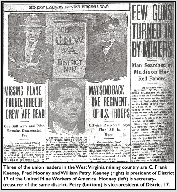 Battle of Blair Mountain, Keeney, Mooney, Petry of District 17 UMWA, Wvgn p1, Sept 5, 1921