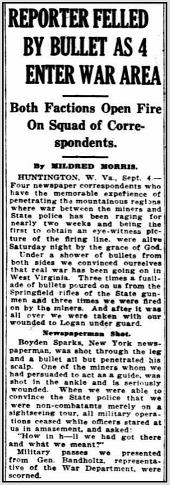 Battle of Blair Mt, Mildred Morris re Taken to Logan, WDC Hld p1, Sept 5, 1921