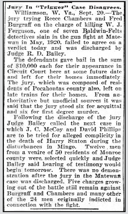 Matewan Defendants, Hung Jury, Blt Sun p3, Sept 3, 1921