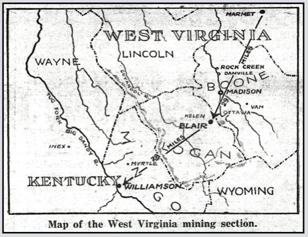 Miners March Map Marmet to Mingo, NY Dly Ns p8, Aug 27, 1921