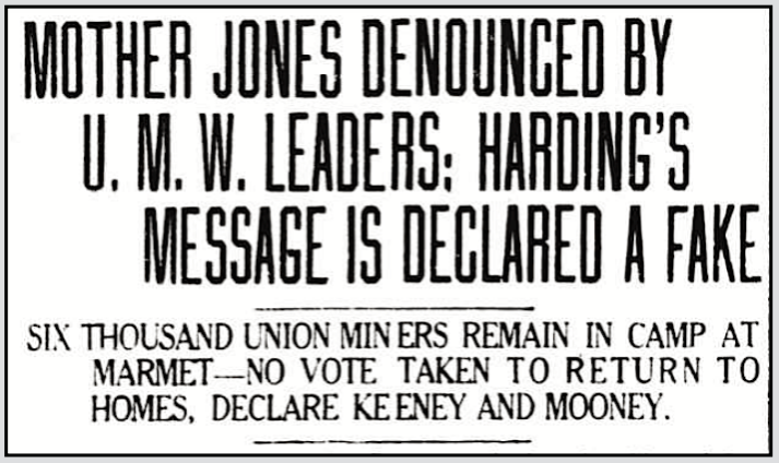 Mother Jones Denounced by Keeney n Mooney re Fake Harding Telegram, Wlg Int p1, Aug 25, 1921