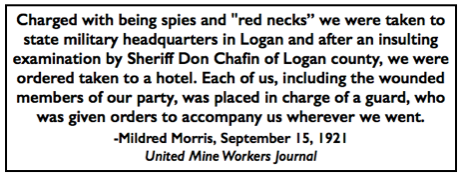 Quote Mildred Morris, re Reporters Held in Logan WV, UMWJ p4, Sept 15, 1921