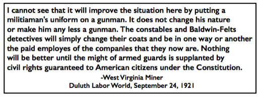 Quote West Virginia Miner re Gunthugs, LW p1, Sept 24, 1921
