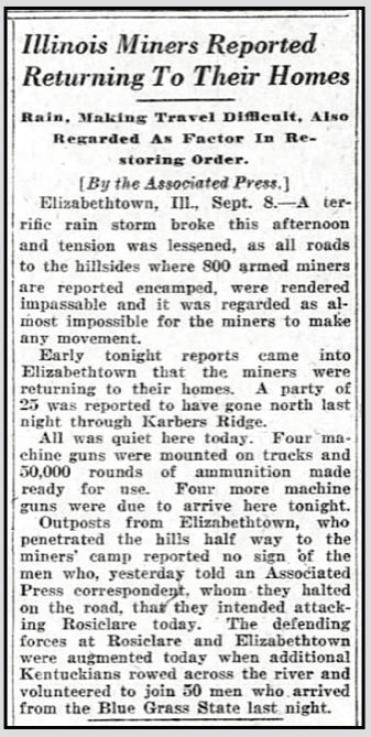 re March of IL Miners, Returning Home, Blt Sun p2, Sept 9, 1921