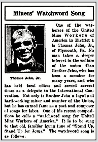 re Miners Watchword Song by Thomas Jehu Jr of Plymouth PA, UMWJ p14, Sept 1, 1921