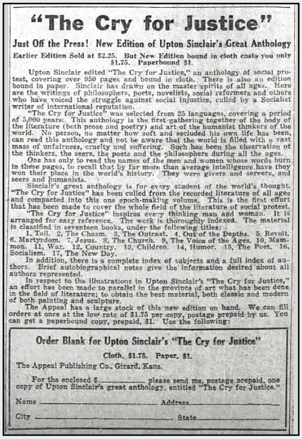 Ad Cry for Justice by Upton Sinclair, AtR p4, Sept 24, 1921