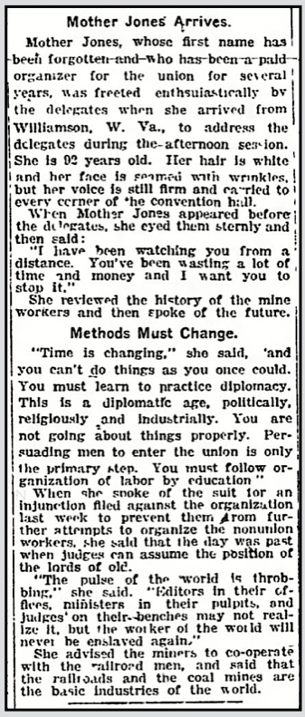 Mother Jones Arrives, re UMWC Speech, Ipl Str p11, Sept 27, 1921