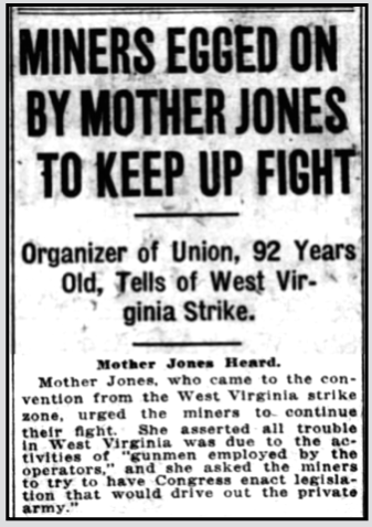 Mother Jones Eggs On Miners, re UMWC, Muncie IN Str, p1,9, Sept 27, 1921