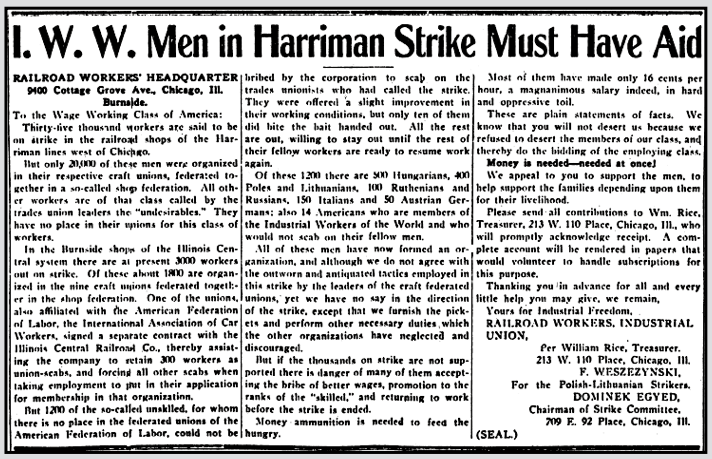 Harriman Strike, HdLn re IWW Men n RR Workers IU, IW p1, Oct 12, 1911
