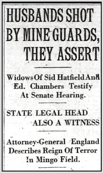 HdLn Jessie Hatfield n Sallie Chambers Testify WVCF Sen Com, WDC Oct 25, Blt Sun p1, Oct 26, 1921