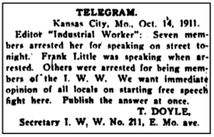 KC FSF, Telegram re FL Arrested, Oct 14, IW p1, Oct 19, 1911