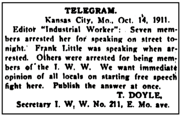 KC FSF, Telegram re FL Arrested, Oct 14, IW p1, Oct 19, 1911