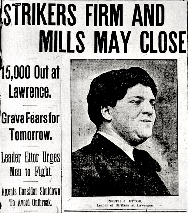 Lawrence HdLn Strikers Firm, Joe Ettor, Bst Glb Sun p1, Jan 14, 1912