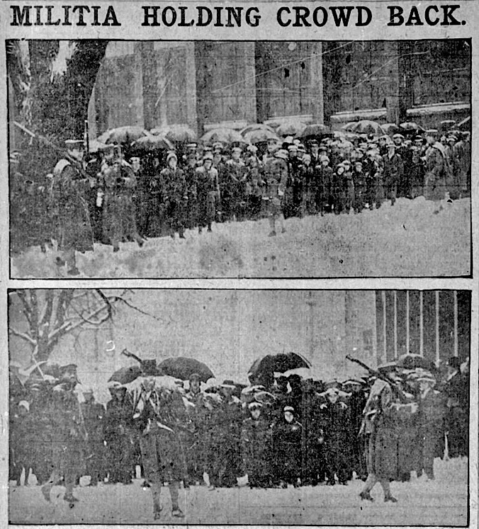 Lawrence Militia Holds Back Strikers, Bst Glb Eve p2, Jan 15, 1912
