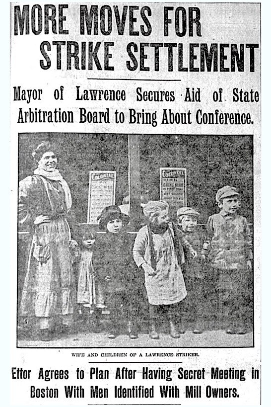 HdLn Lawrence Move to Settle Strike, Woman n Children, Bst Glb p1, Jan 24, 1912