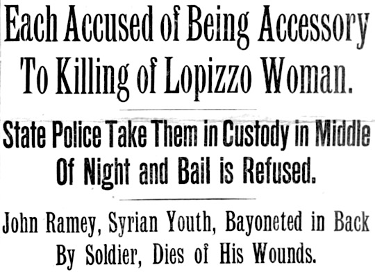 HdLn Lawrence Ettor n Giovannitti Accused in Death of Lo Pizzo, Ramey Bayoneted, Bst Glb AM p1, Jan 31, 1912