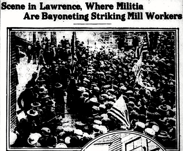 HdLn Lawrence Where Militia Bayoneting Strikers, NYCl p1, Jan 31, 1912
