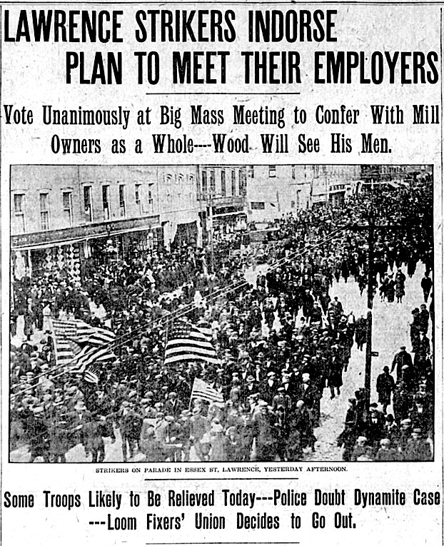 HdLn Lawrence Strikers to Meet w Mill Owners, On Paraded, Bst Glb p1, Jan 23, 1912