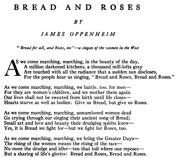 Lyrics Bread and Roses by James Oppenheim, Am Mag p214, Dec 1911