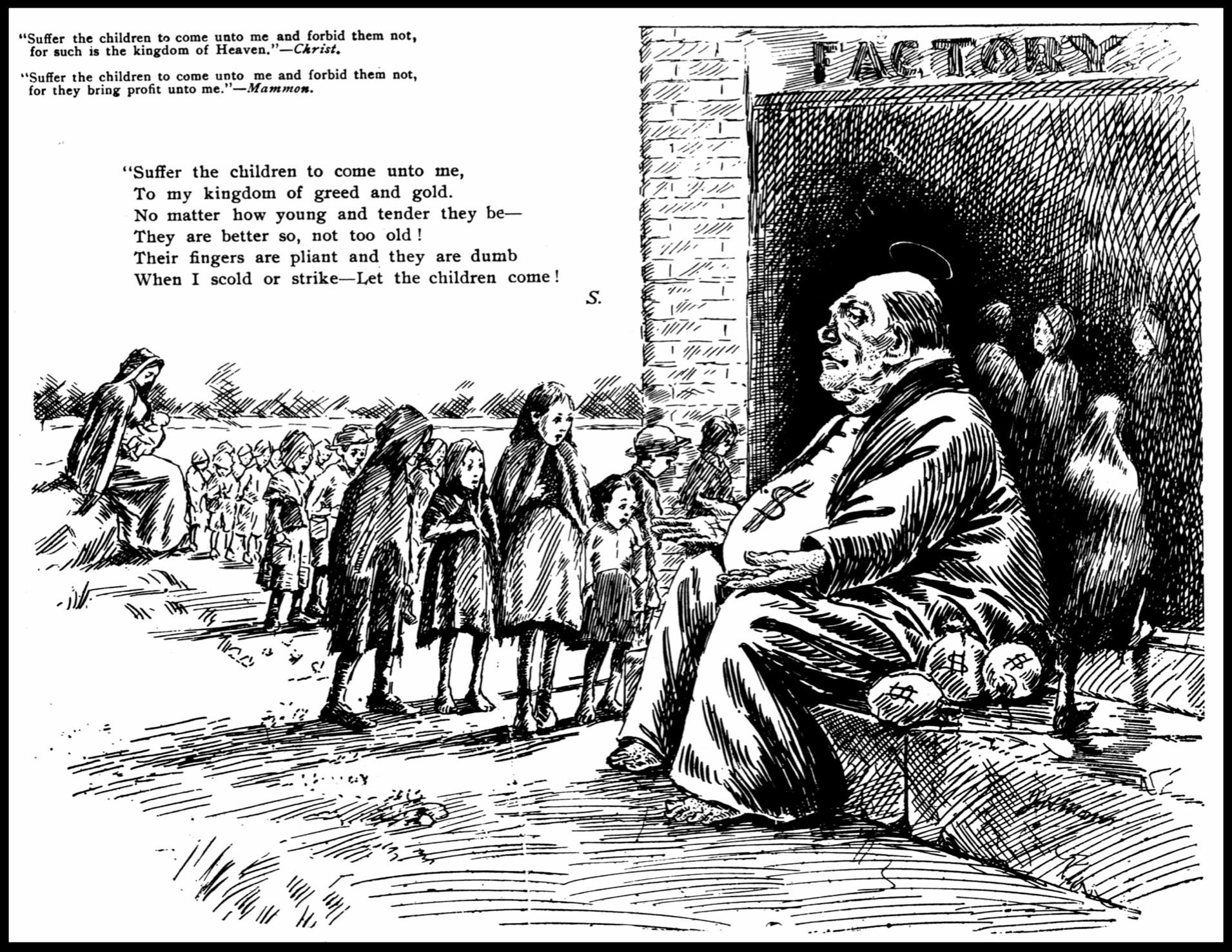 Cartoon, Suffer the Children by JH Morier, Comrade p111, Feb 1902