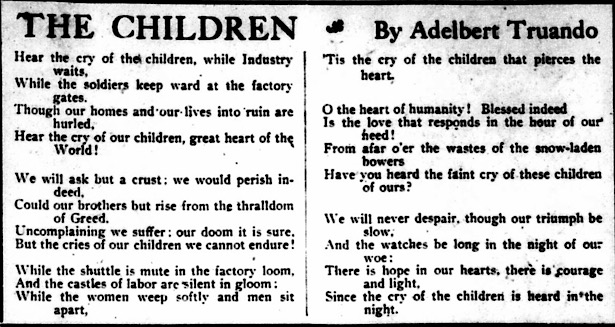 Poem Lawrence Children Poem by A Truando, NY Call p5, Feb 15, 1912