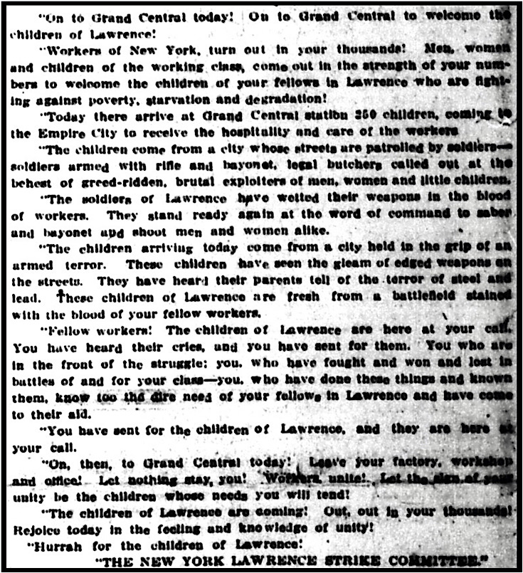 NY Lawrence Strike Com Welcome Children, NY Call p1, Feb 10, 1912