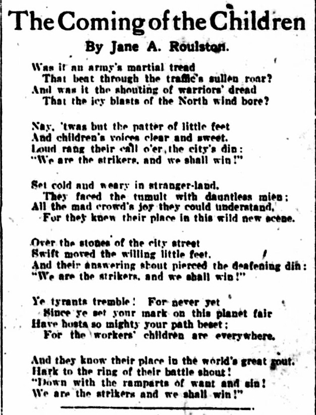 Lawrence Coming of Children Poem by Jane A Roulston, NY Call p6, Feb 15, 1912
