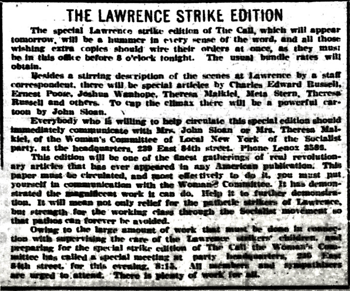re Lawrence Strike Edition of Feb 15, NY Call p1, Feb 14, 1912