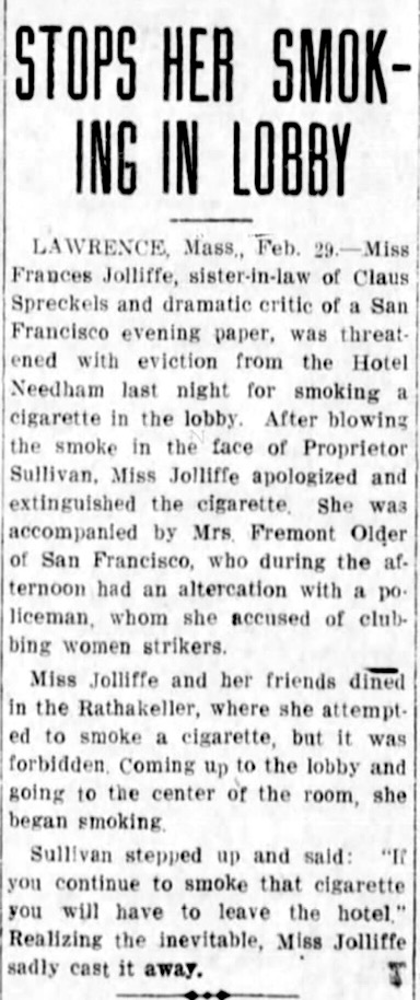 re Frances Jolliffe Smokes at Lawrence Hotel, Santa Cruz CA Sent p3, Mar 1, 1912