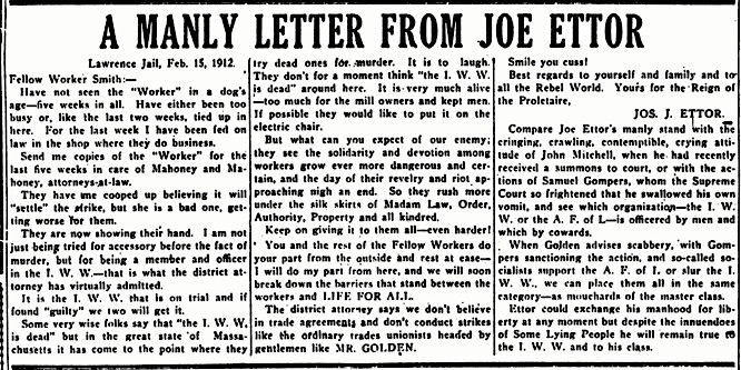 Letter from Joe Ettor Lawrence Jail Feb 15, IW p4, Feb 29, 1912